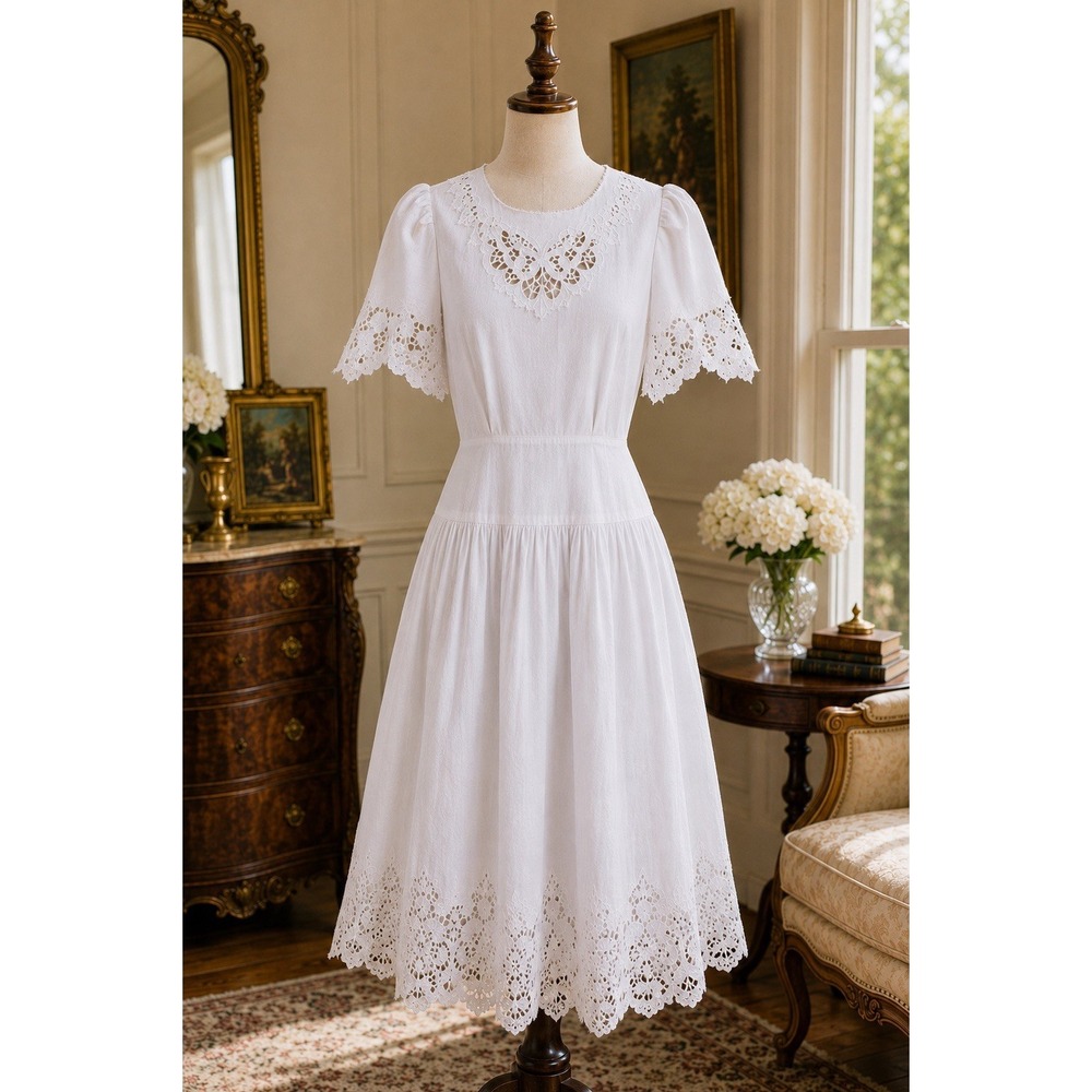 VTG Connection Linen Batterberg Lace Dress 10 Cottagecore Prairie Romantic HH21